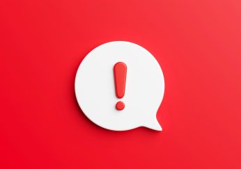 Red notification reminder icon chat message of attention alert alarm notice sign or flat design social button important caution symbol and warning urgent exclamation isolated on 3d danger background.